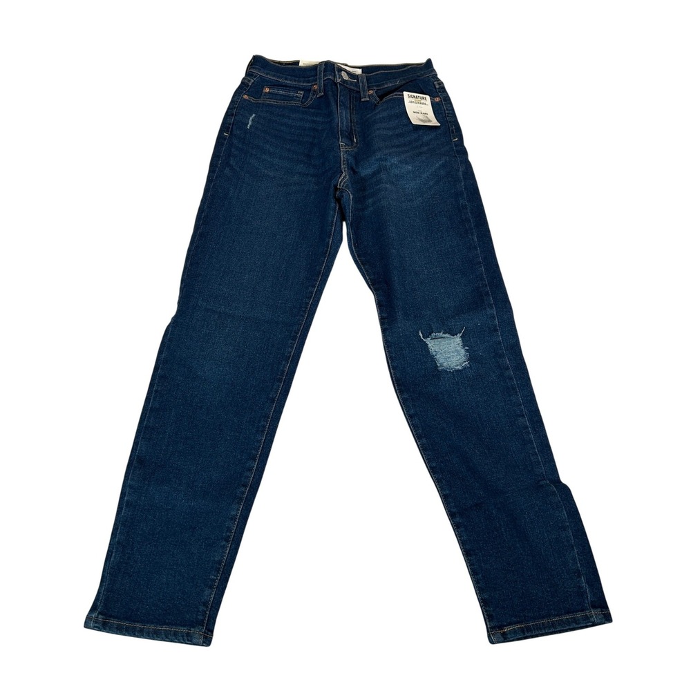 Signature by Levi Strauss Mom‎ Jeans Juniors 7 W28 Dark Wash Distressed Stretch